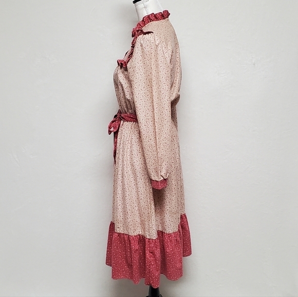 Vintage 60s JCPENNEY Tan Red Floral Calico Print Tie-Waist Boho Peasant Dress S - Picture 9 of 15